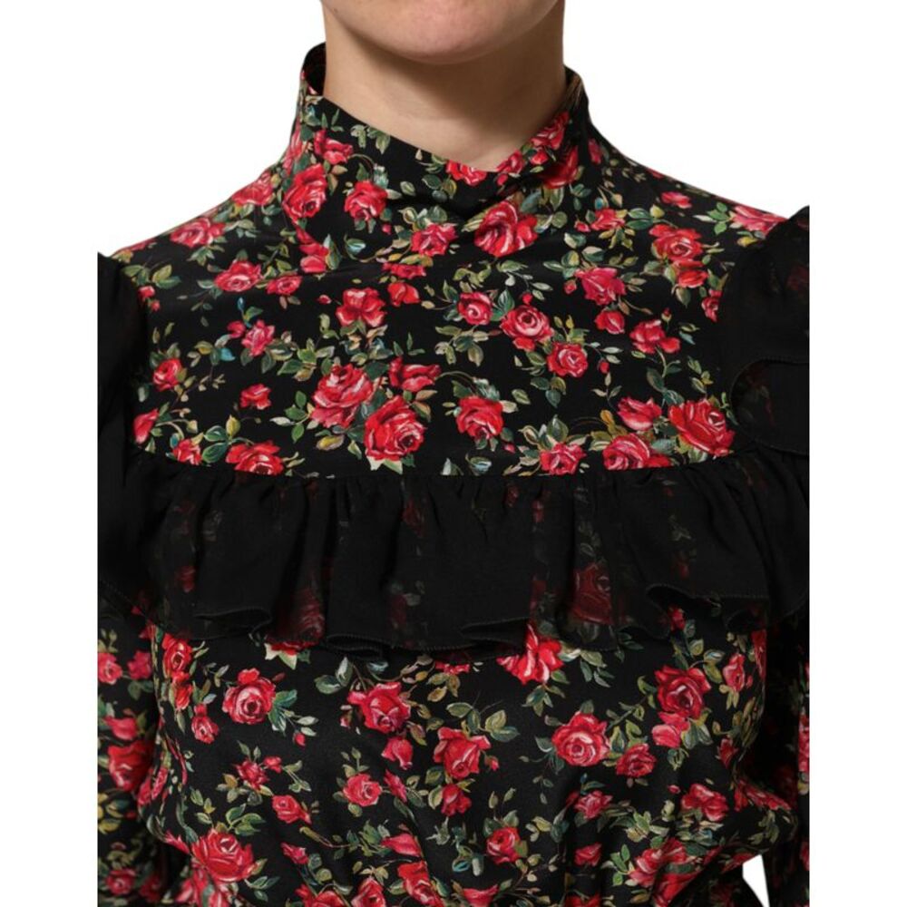 Dolce & Gabbana Black Floral Print Long Sleeve Blouse Women's Top - Picture 4 of 5